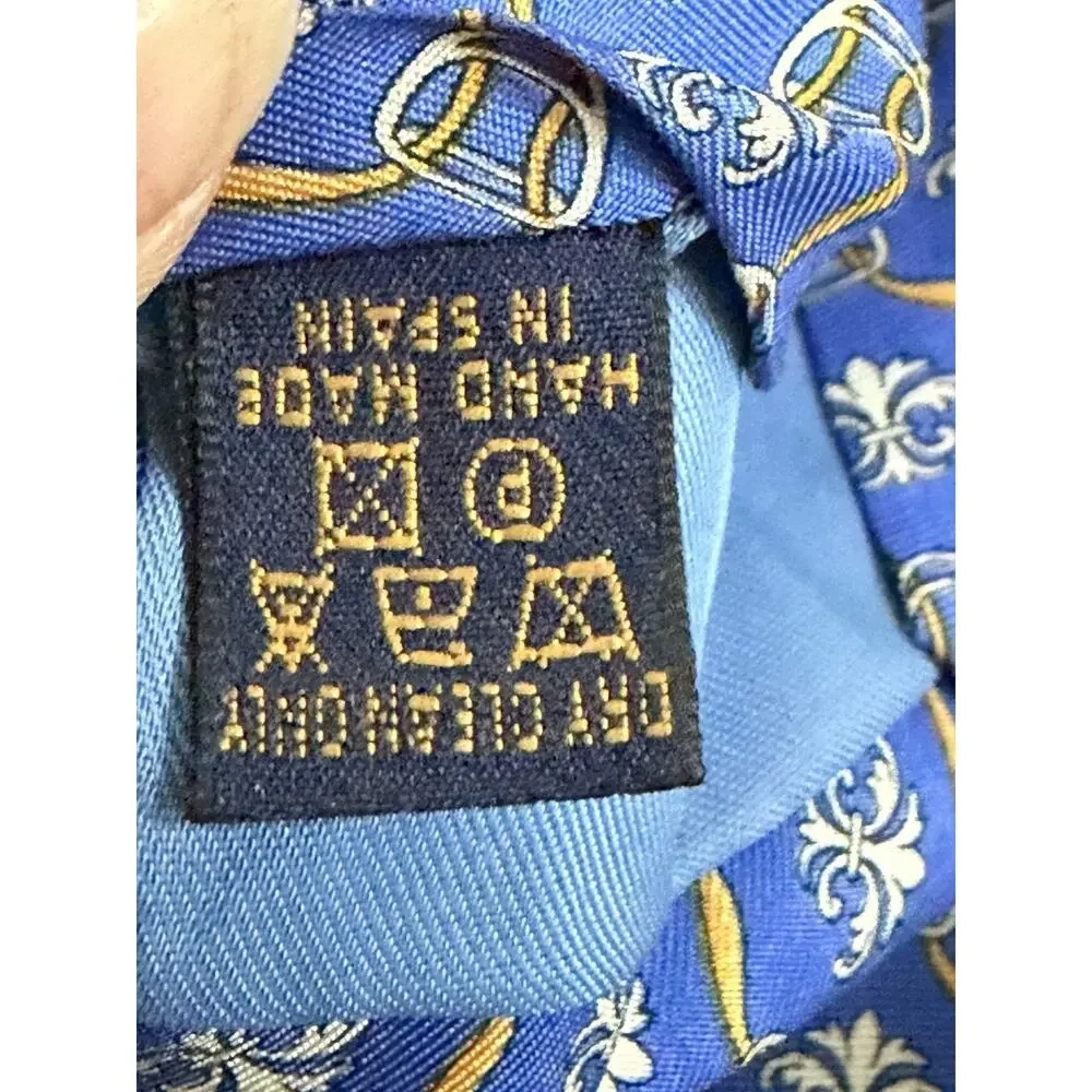 NWT Richel Blue 100% Pure Silk Hand Made In Spain Fleur De Lis Print Gold